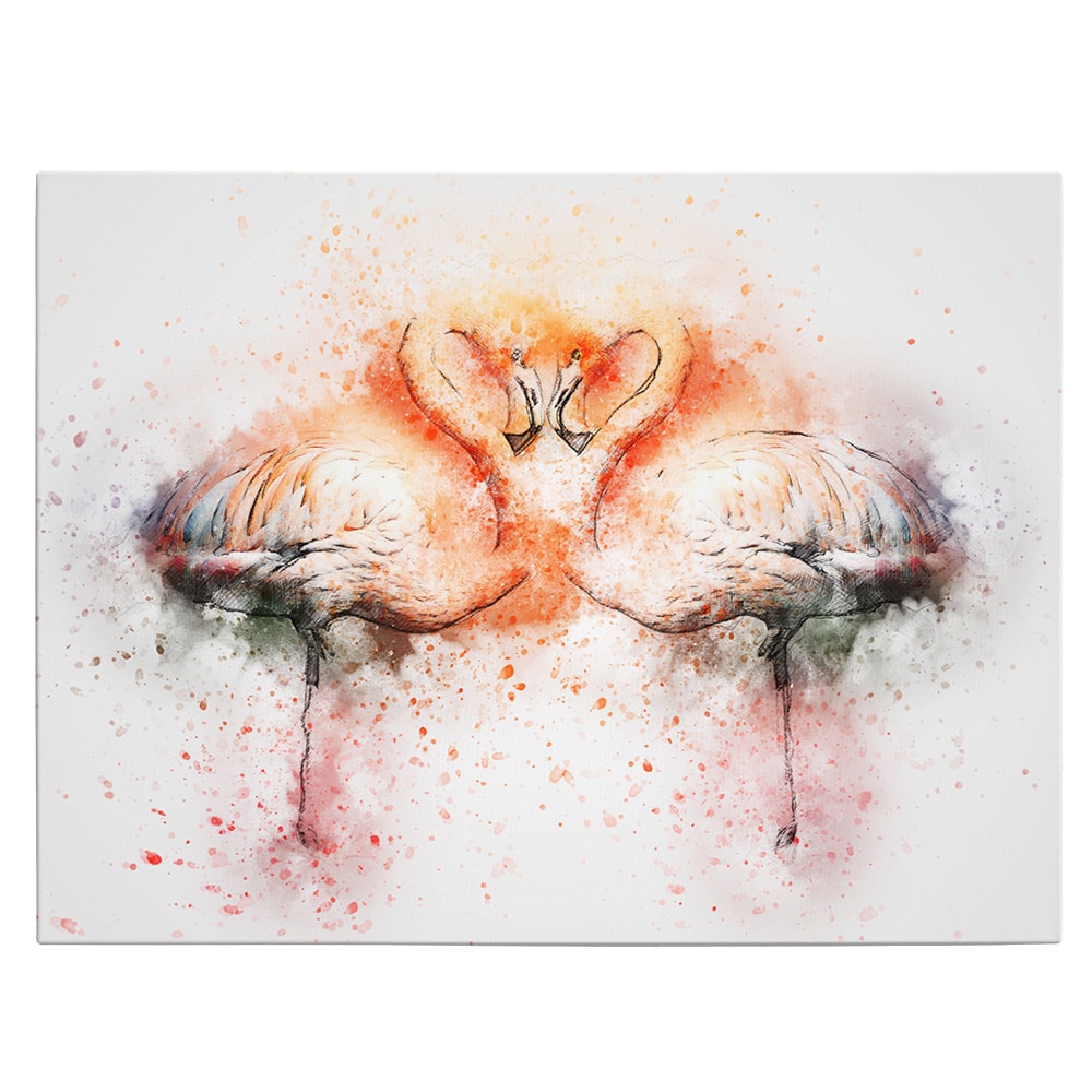 Tablou canvas pereche de flamingo acuarela alb, roz, portocaliu 1131 - Material produs:: Tablou canvas pe panza CU RAMA, Dimensiunea:: 80x120 cm