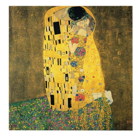 Tablou canvas pictura Sarutul de Gustav Klimt galben 1314 frontal - Afis Poster pictura Sarutul de Gustav Klimt galben pentru living casa birou bucatarie livrare in 24 ore la cel mai bun pret.