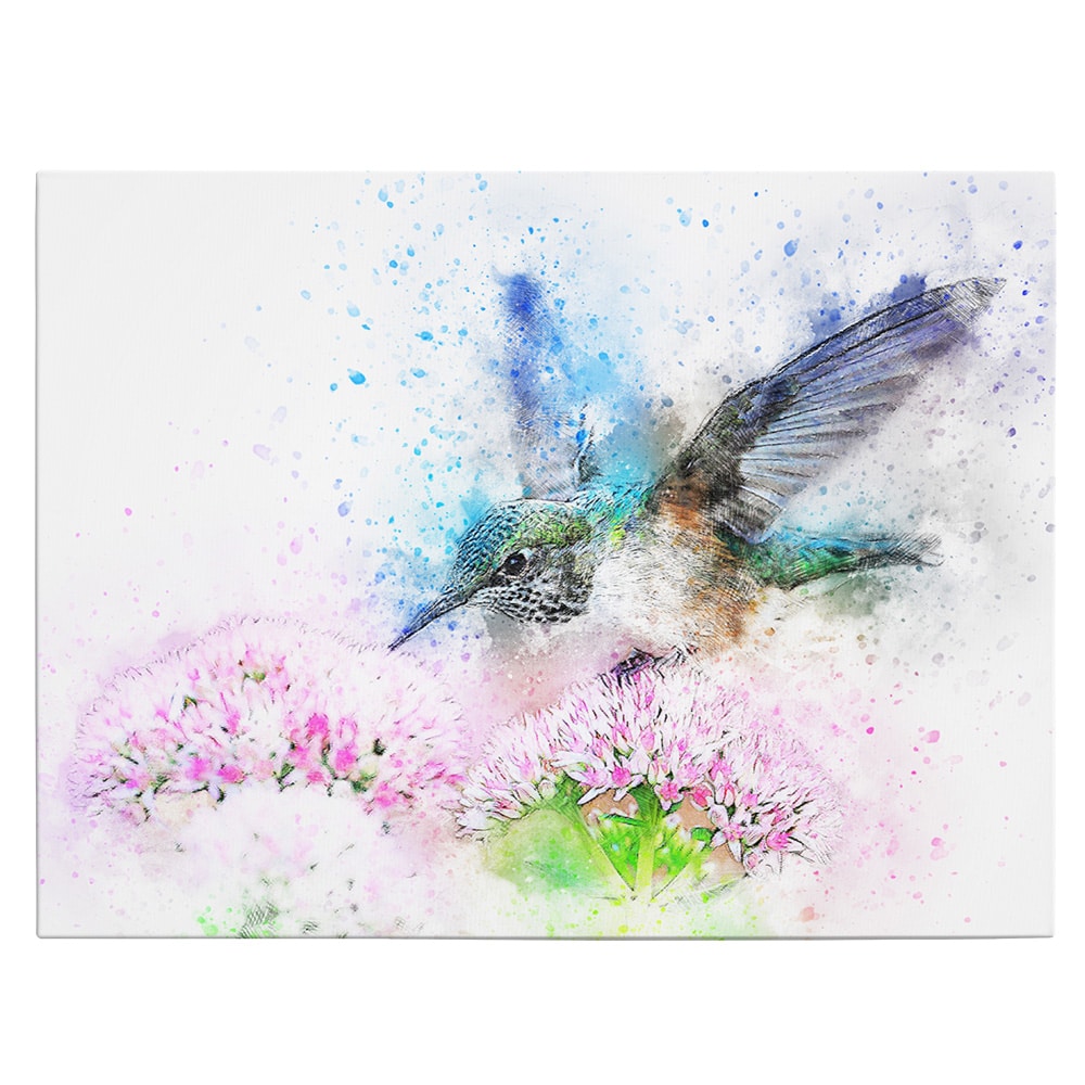 Tablou canvas pictura pasare colibri in zbor, roz, verde, albastru 1106 - Material produs:: Poster pe hartie FARA RAMA, Dimensiunea:: 70x100 cm