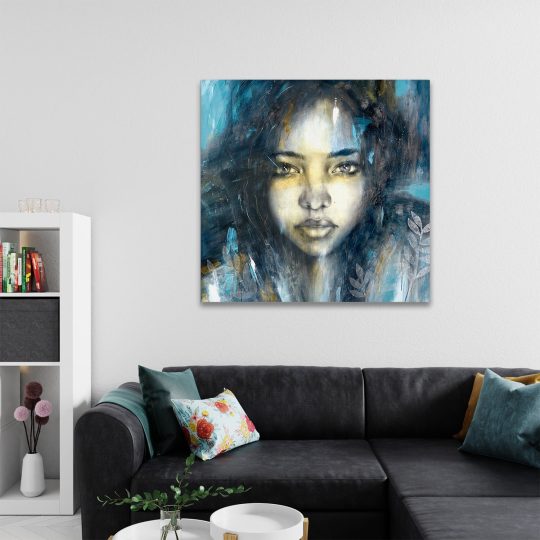 Tablou canvas pictura portret femeie albastru negru 1376 camera 2 - Afis Poster tablou modern pictura portret pentru living casa birou bucatarie livrare in 24 ore la cel mai bun pret.
