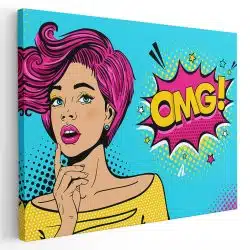 Tablou canvas pop art femeie cu par roz gandind OMG roz 1366 - Afis Poster Tablou OMG pop art femeie pentru living casa birou bucatarie livrare in 24 ore la cel mai bun pret.