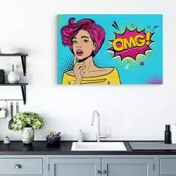 Tablou canvas pop art femeie cu par roz gandind OMG roz 1366 bucatarie - Afis Poster Tablou OMG pop art femeie pentru living casa birou bucatarie livrare in 24 ore la cel mai bun pret.