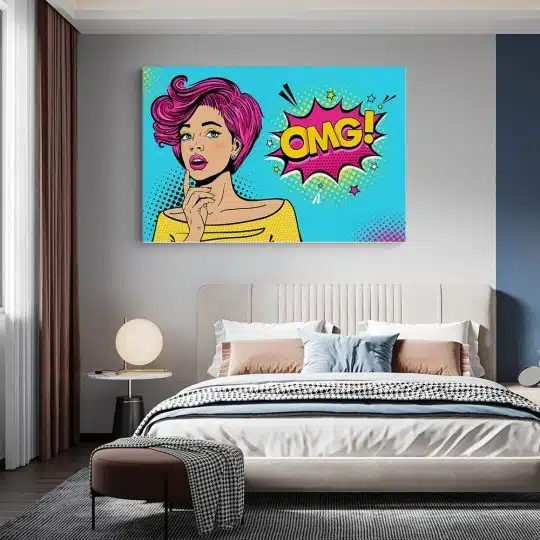 Tablou canvas pop art femeie cu par roz gandind OMG roz 1366 dormitor - Afis Poster Tablou OMG pop art femeie pentru living casa birou bucatarie livrare in 24 ore la cel mai bun pret.