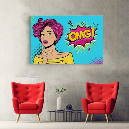 Tablou canvas pop art femeie cu par roz gandind OMG roz 1366 hol - Afis Poster Tablou OMG pop art femeie pentru living casa birou bucatarie livrare in 24 ore la cel mai bun pret.