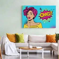 Tablou canvas pop art femeie cu par roz gandind OMG roz 1366 living 1 - Afis Poster Tablou OMG pop art femeie pentru living casa birou bucatarie livrare in 24 ore la cel mai bun pret.