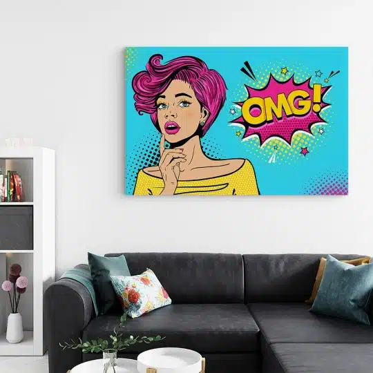 Tablou canvas pop art femeie cu par roz gandind OMG roz 1366 living - Afis Poster Tablou OMG pop art femeie pentru living casa birou bucatarie livrare in 24 ore la cel mai bun pret.