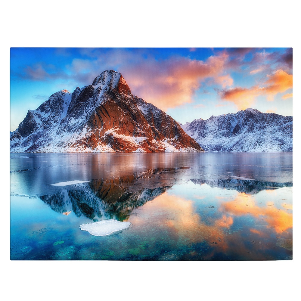 Tablou canvas peisaj rasarit lac munte, Norvegia, portocaliu, albastru 1182 - Material produs:: Tablou canvas pe panza CU RAMA, Dimensiunea:: 20x30 cm