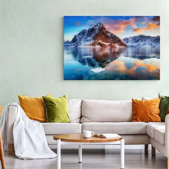 Tablou canvas rasarit lac munte Norvegia portocaliu albastru 1182 living 1 - Afis Poster peisaj rasarit lac munte Norvegia portocaliu albastru pentru living casa birou bucatarie livrare in 24 ore la cel mai bun pret.