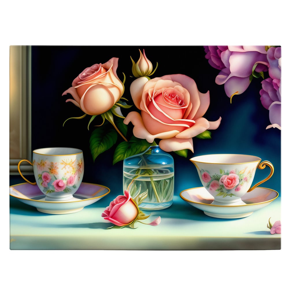 Tablou canvas set ceai cu vaza trandafiri, roz, albastru, mov 1129 - Material produs:: Poster pe hartie FARA RAMA, Dimensiunea:: A2 42x59,4 cm