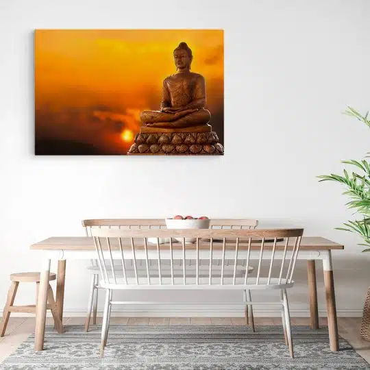 Tablou canvas statuie Buddha la apus portocaliu galben 1196 bucatarie3 - Afis Poster statuie Buddha la apus portocaliu galben pentru living casa birou bucatarie livrare in 24 ore la cel mai bun pret.