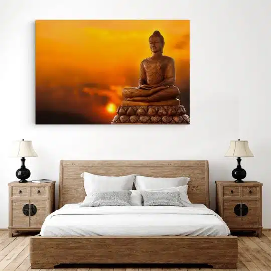 Tablou canvas statuie Buddha la apus portocaliu galben 1196 dormitor 3 - Afis Poster statuie Buddha la apus portocaliu galben pentru living casa birou bucatarie livrare in 24 ore la cel mai bun pret.