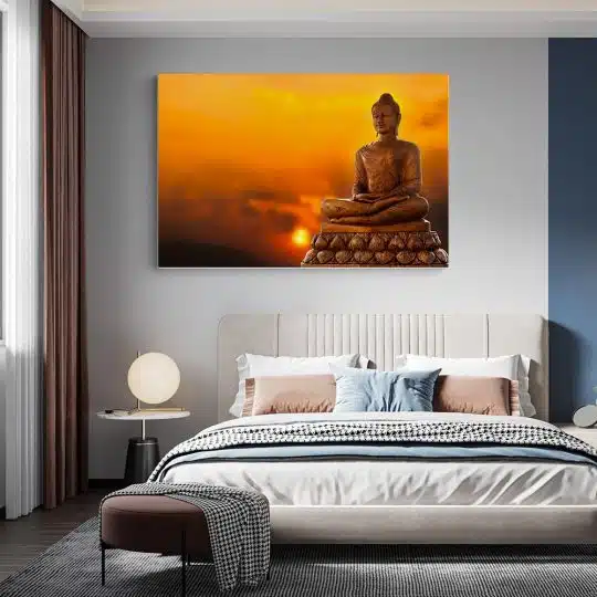 Tablou canvas statuie Buddha la apus portocaliu galben 1196 dormitor - Afis Poster statuie Buddha la apus portocaliu galben pentru living casa birou bucatarie livrare in 24 ore la cel mai bun pret.