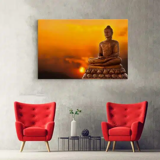 Tablou canvas statuie Buddha la apus portocaliu galben 1196 hol - Afis Poster statuie Buddha la apus portocaliu galben pentru living casa birou bucatarie livrare in 24 ore la cel mai bun pret.