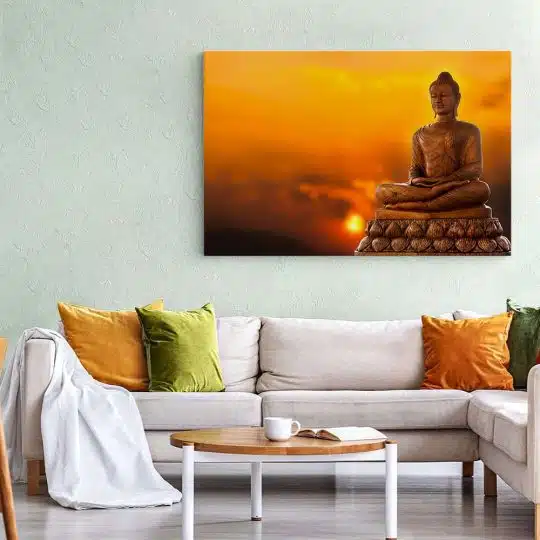 Tablou canvas statuie Buddha la apus portocaliu galben 1196 living 1 - Afis Poster statuie Buddha la apus portocaliu galben pentru living casa birou bucatarie livrare in 24 ore la cel mai bun pret.