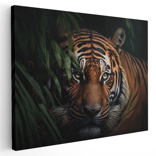 Tablou canvas tigru in salbaticie negru maro verde 1113 - Afis Poster tigru in salbaticie negru maro verde pentru living casa birou bucatarie livrare in 24 ore la cel mai bun pret.