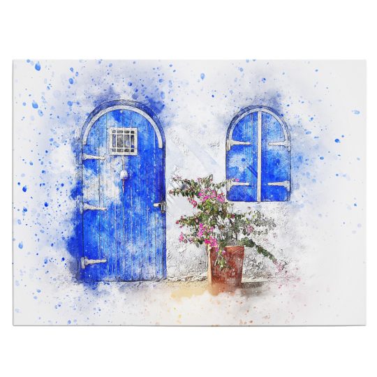 Tablou canvas usa fereastra si ghiveci albastru roz maro 1265 front - Afis Poster usa pentru living casa birou bucatarie livrare in 24 ore la cel mai bun pret.