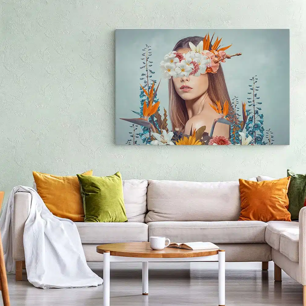 Tablou colaj fantezie femeie cu flori variate pe ochi albastru 1358 living 1 - Afis Poster Tablou ochi cu design creativ multicolor detaliu pentru living casa birou bucatarie livrare in 24 ore la cel mai bun pret.