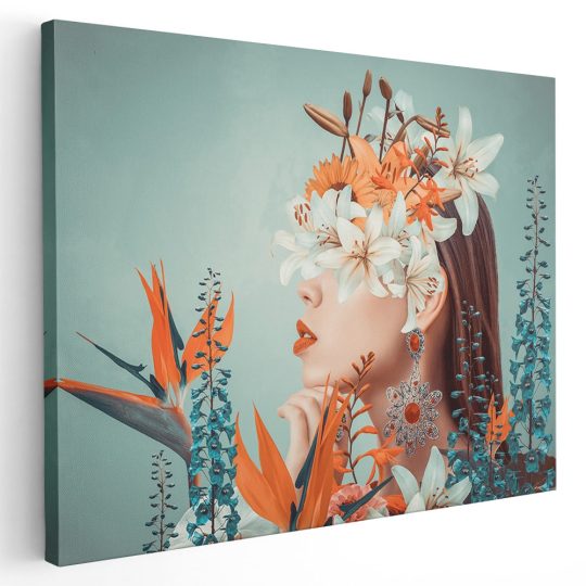 Tablou colaj fantezie femeie cu flori variate pe ochi portocaliu 1359 - Afis Poster tablou femeie cu flori pe cap pentru living casa birou bucatarie livrare in 24 ore la cel mai bun pret.