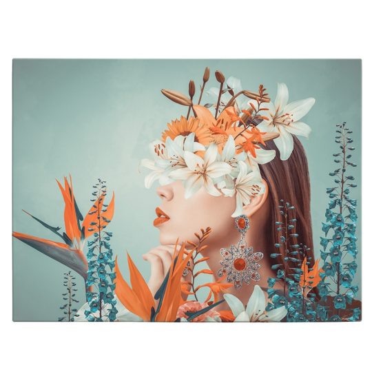 Tablou colaj fantezie femeie cu flori variate pe ochi portocaliu 1359 front - Afis Poster tablou femeie cu flori pe cap pentru living casa birou bucatarie livrare in 24 ore la cel mai bun pret.