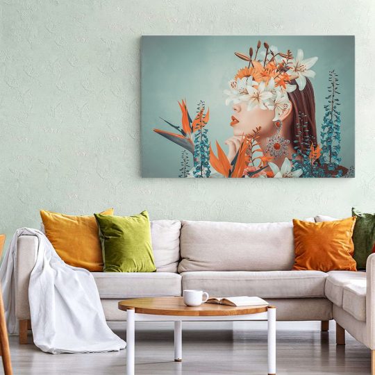 Tablou colaj fantezie femeie cu flori variate pe ochi portocaliu 1359 living 1 - Afis Poster tablou femeie cu flori pe cap pentru living casa birou bucatarie livrare in 24 ore la cel mai bun pret.