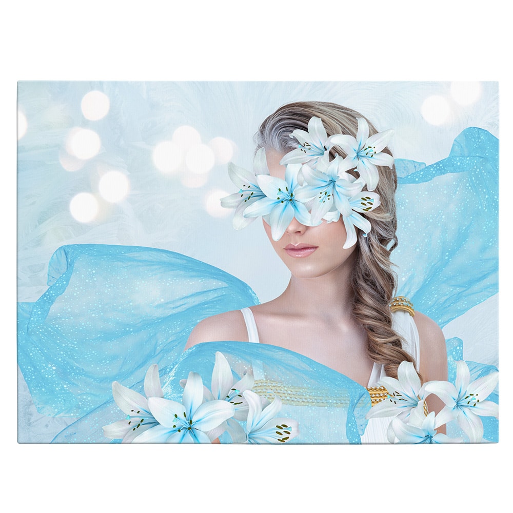 Tablou femeie cu crini albastri pe ochi flori, alb albastru 1356 - Material produs:: Poster pe hartie FARA RAMA, Dimensiunea:: 60x80 cm