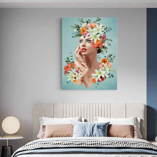 Tablou colaj portret femeie cu flori variate multicolor 1347 dormitor - Afis Poster tablou femeie cu flori pe cap pentru living casa birou bucatarie livrare in 24 ore la cel mai bun pret.