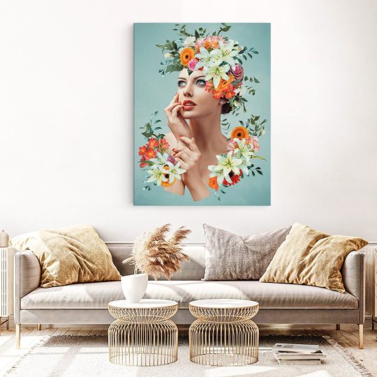 Tablou colaj portret femeie cu flori variate multicolor 1347 living 1 - Afis Poster tablou femeie cu flori pe cap pentru living casa birou bucatarie livrare in 24 ore la cel mai bun pret.