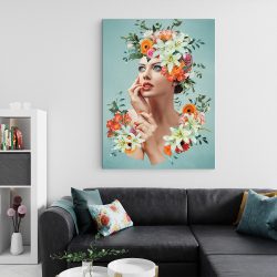 Tablou colaj portret femeie cu flori variate multicolor 1347 living 2 - Afis Poster tablou femeie cu flori pe cap pentru living casa birou bucatarie livrare in 24 ore la cel mai bun pret.