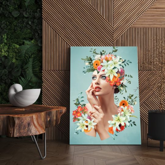 Tablou colaj portret femeie cu flori variate multicolor 1347 living - Afis Poster tablou femeie cu flori pe cap pentru living casa birou bucatarie livrare in 24 ore la cel mai bun pret.