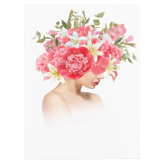 Tablou colaj portret femeie profil cu bujori si crini pe cap roz 1350 front - Afis Poster tablou modern femeie cu flori pe cap pentru living casa birou bucatarie livrare in 24 ore la cel mai bun pret.