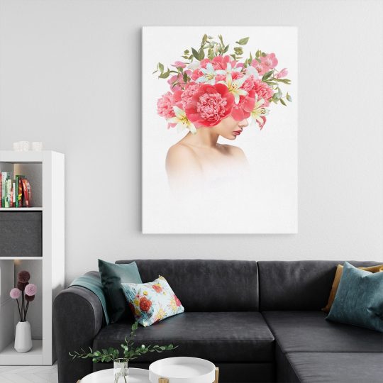 Tablou colaj portret femeie profil cu bujori si crini pe cap roz 1350 living 2 - Afis Poster tablou modern femeie cu flori pe cap pentru living casa birou bucatarie livrare in 24 ore la cel mai bun pret.