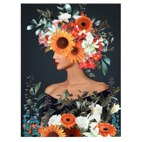 Tablou colaj portret femeie profil cu flori variate multicolor 1345 front - Afis Poster Tablou portret femeie cu flori pe cap pentru living casa birou bucatarie livrare in 24 ore la cel mai bun pret.