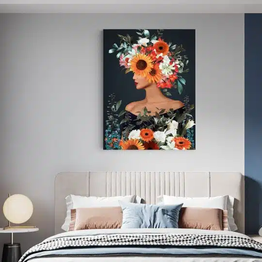 Tablou colaj portret femeie profil cu flori variate multicolor 1345 dormitor - Afis Poster Tablou portret femeie cu flori pe cap pentru living casa birou bucatarie livrare in 24 ore la cel mai bun pret.