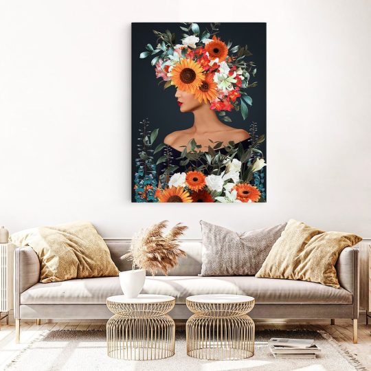 Tablou colaj portret femeie profil cu flori variate multicolor 1345 living 1 - Afis Poster Tablou portret femeie cu flori pe cap pentru living casa birou bucatarie livrare in 24 ore la cel mai bun pret.