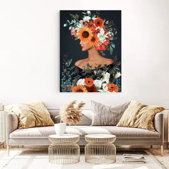 Tablou colaj portret femeie profil cu flori variate multicolor 1345 living 1 - Afis Poster Tablou portret femeie cu flori pe cap pentru living casa birou bucatarie livrare in 24 ore la cel mai bun pret.