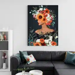 Tablou colaj portret femeie profil cu flori variate multicolor 1345 living 2 - Afis Poster Tablou portret femeie cu flori pe cap pentru living casa birou bucatarie livrare in 24 ore la cel mai bun pret.