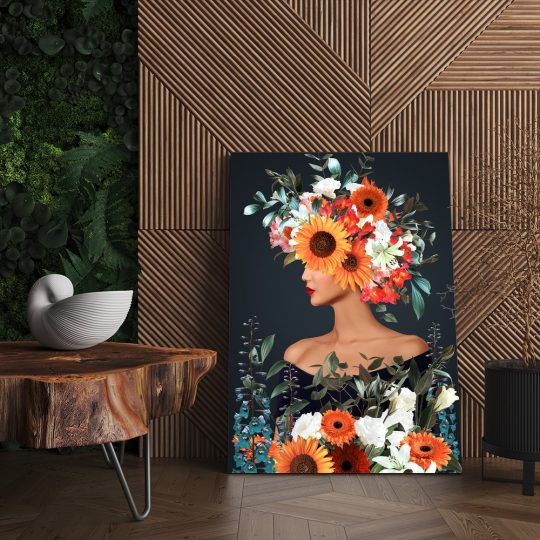 Tablou colaj portret femeie profil cu flori variate multicolor 1345 living - Afis Poster Tablou portret femeie cu flori pe cap pentru living casa birou bucatarie livrare in 24 ore la cel mai bun pret.