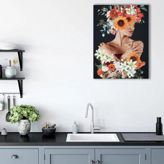Tablou colaj portret femeie profil cu flori variate multicolor 1349 bucatarie - Afis Poster tablou femeie cu flori pe cap pentru living casa birou bucatarie livrare in 24 ore la cel mai bun pret.