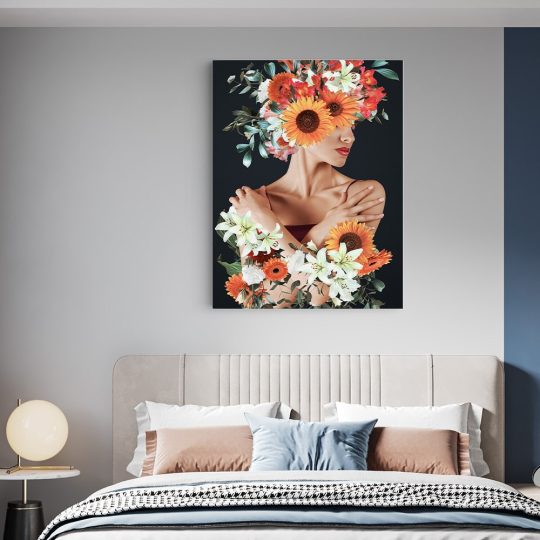 Tablou colaj portret femeie profil cu flori variate multicolor 1349 dormitor - Afis Poster tablou femeie cu flori pe cap pentru living casa birou bucatarie livrare in 24 ore la cel mai bun pret.