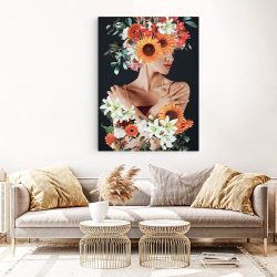 Tablou colaj portret femeie profil cu flori variate multicolor 1349 living 1 - Afis Poster tablou femeie cu flori pe cap pentru living casa birou bucatarie livrare in 24 ore la cel mai bun pret.