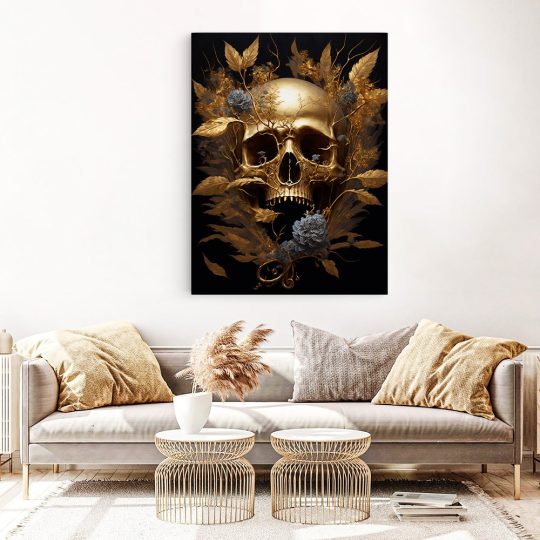 Tablou craniu cu frunze foita de aur auriu negru 1689 living 1 - Afis Poster Tablou craniu cu frunze foita de aur pentru living casa birou bucatarie livrare in 24 ore la cel mai bun pret.
