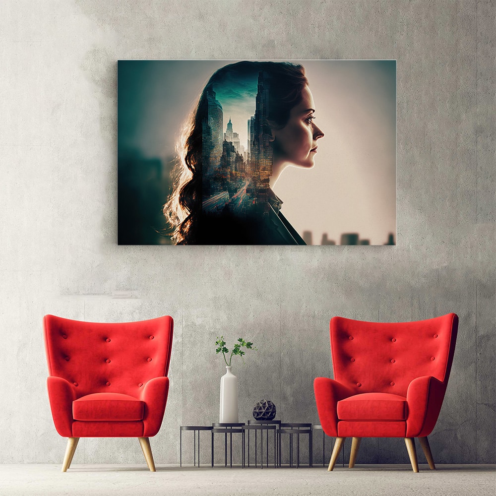 Tablou fantezie portret femeie si peisaj urban albastru 1670 hol - Afis Poster Tablou ochi cu design creativ multicolor detaliu pentru living casa birou bucatarie livrare in 24 ore la cel mai bun pret.