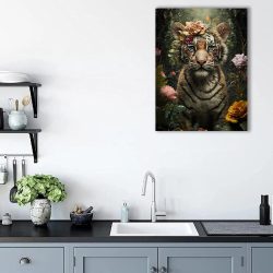 Tablou fantezie tigru cu trandafir pe cap maro verde 1691 bucatarie - Afis Poster Tablou fantezie tigru cu trandafir pe cap pentru living casa birou bucatarie livrare in 24 ore la cel mai bun pret.