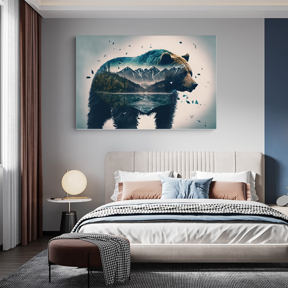 Tablou fantezie urs brun si peisaj munte albastru maro 1664 dormitor - Afis Poster Tablou urs brun si peisaj munte pentru living casa birou bucatarie livrare in 24 ore la cel mai bun pret.
