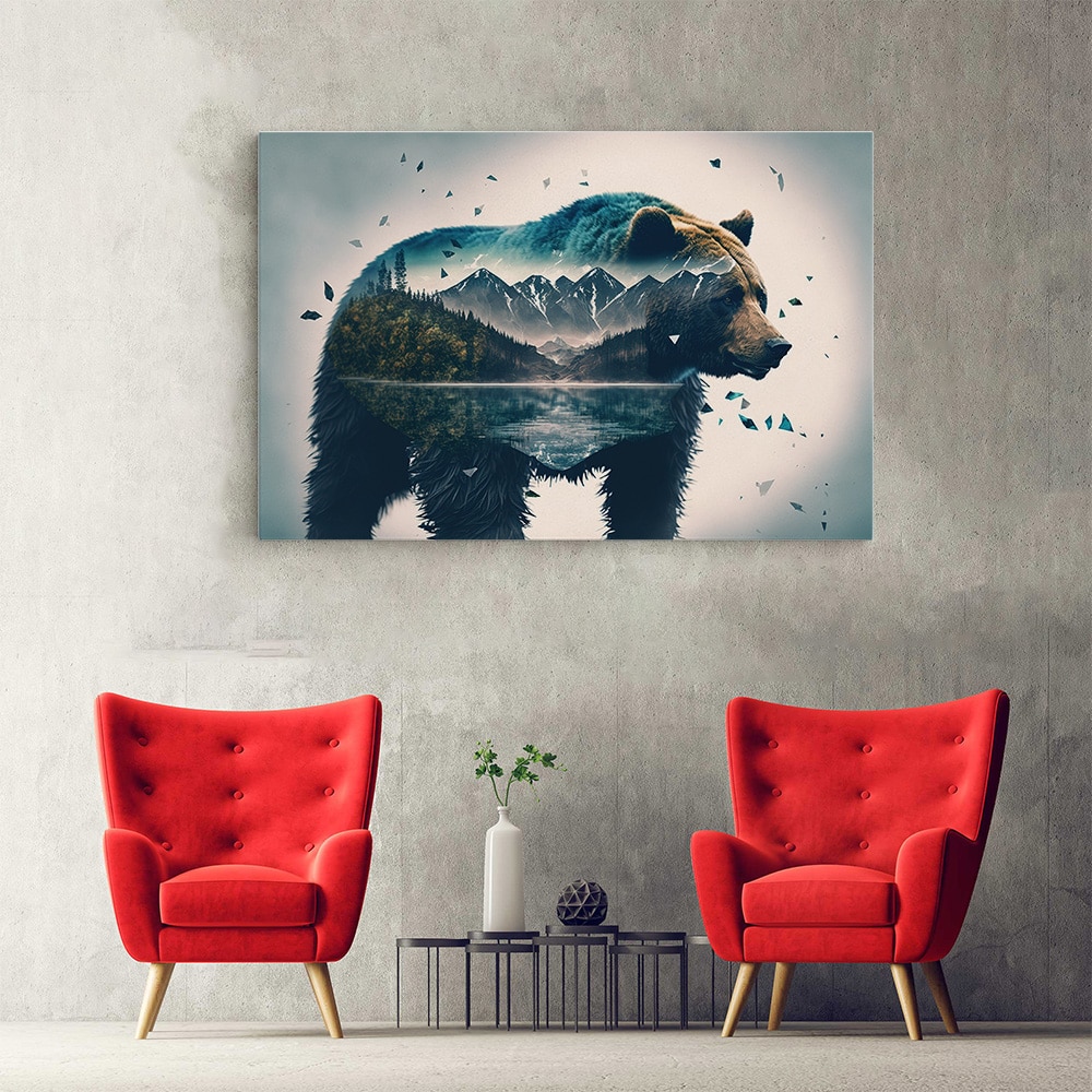 Tablou fantezie urs brun si peisaj munte albastru maro 1664 hol - Afis Poster Tablou urs brun si peisaj munte pentru living casa birou bucatarie livrare in 24 ore la cel mai bun pret.
