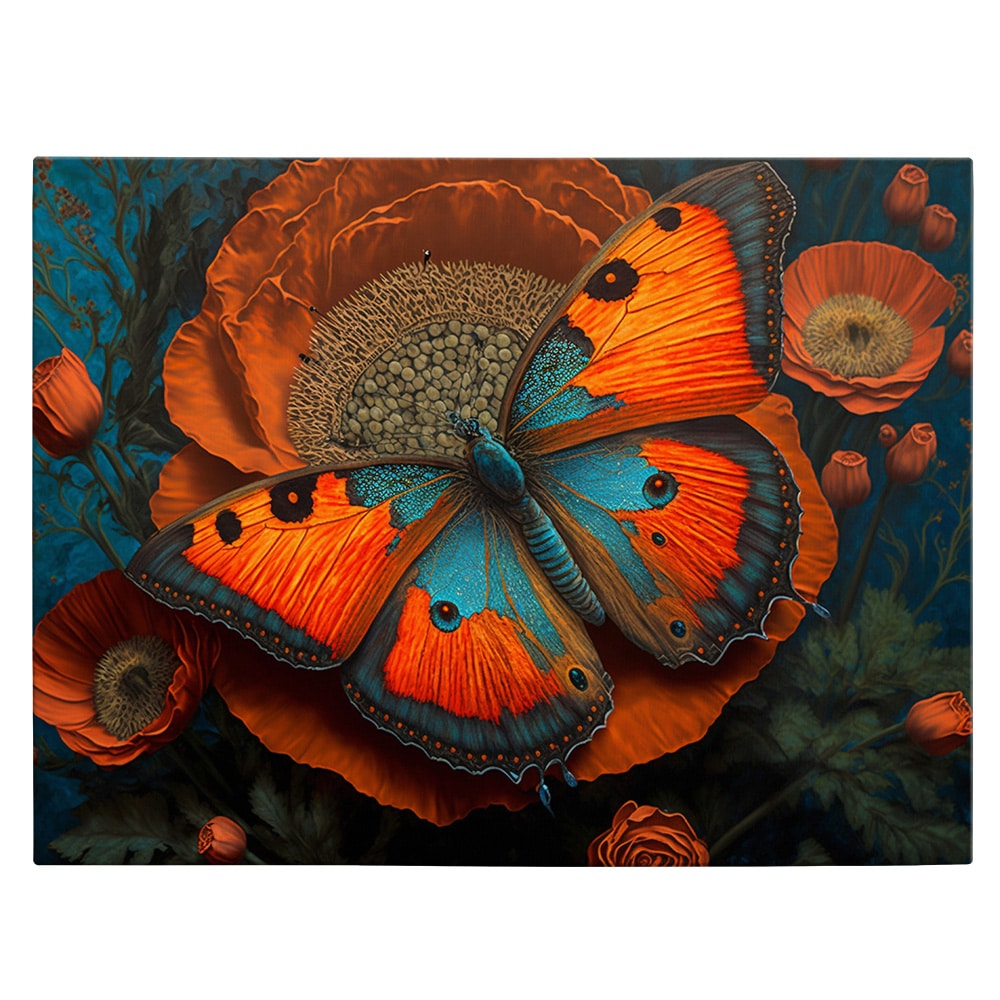 Tablou fluture pe floare portocaliu 1655 - Material produs:: Tablou canvas pe panza CU RAMA, Dimensiunea:: 80x120 cm