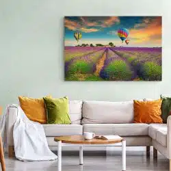 Tablou peisaj lavanda cu baloane aer cald mov galben 1201 living 1 - Afis Poster peisaj lavanda cu baloane aer cald mov galben pentru living casa birou bucatarie livrare in 24 ore la cel mai bun pret.