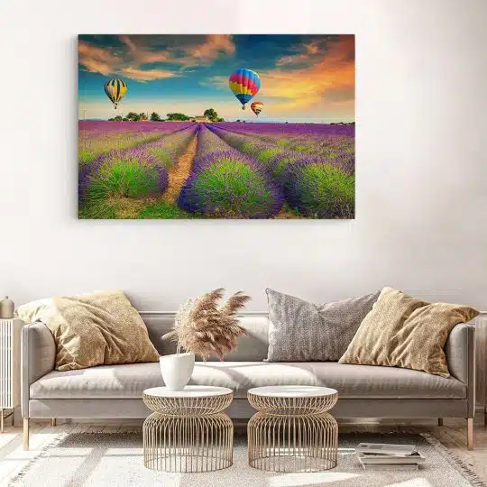 Tablou peisaj lavanda cu baloane aer cald mov galben 1201 living modern 3 - Afis Poster peisaj lavanda cu baloane aer cald mov galben pentru living casa birou bucatarie livrare in 24 ore la cel mai bun pret.