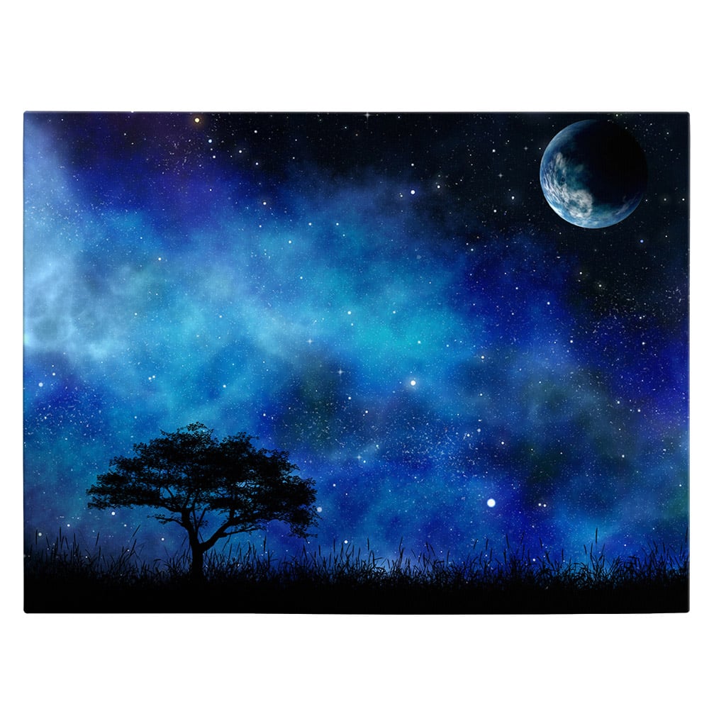 Tablou peisaj nocturn cu copac singuratic si luna - Material produs:: Tablou canvas pe panza CU RAMA, Dimensiunea:: 80x120 cm