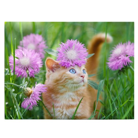 Tablou pisica maro printre flori roz 3060 front